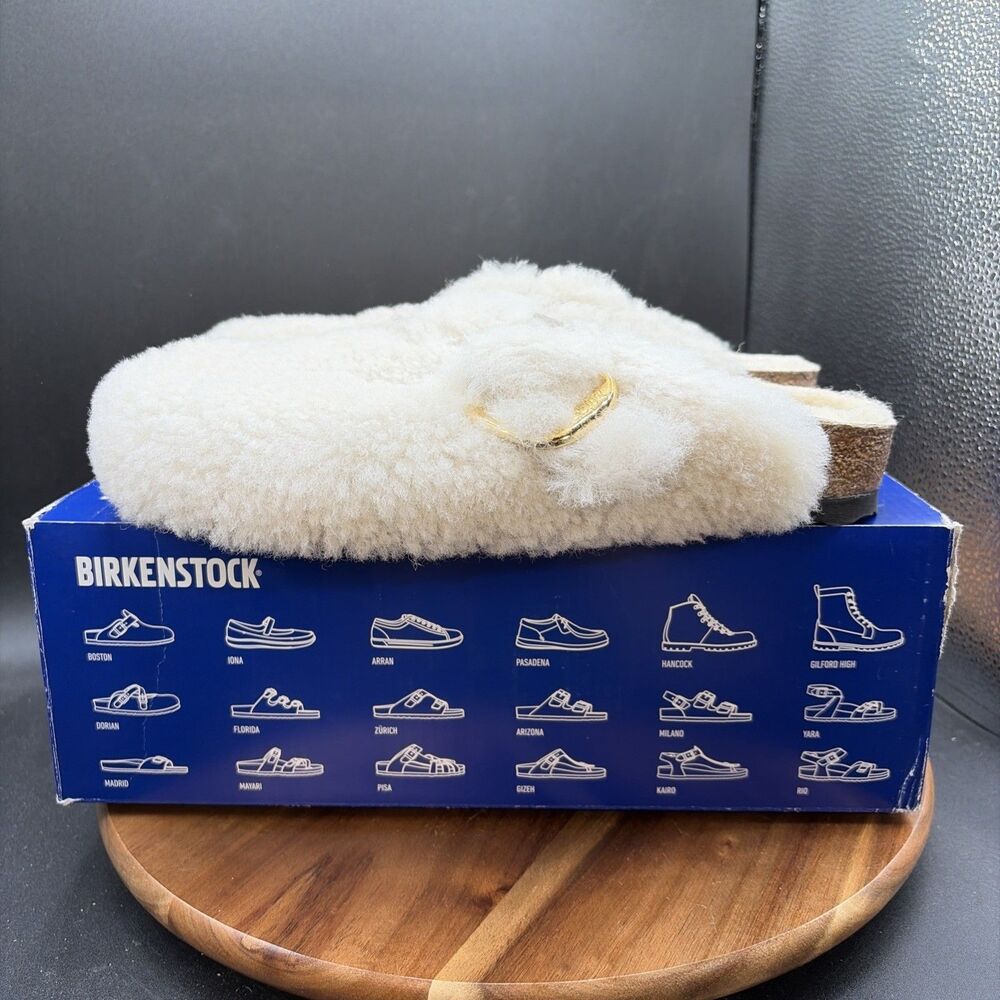 Birkenstock Boston Big Buckle Teddy Rivet Womens Size 7 Narrow Clog Eggshell